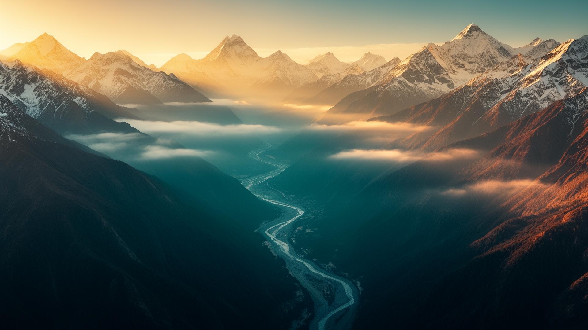 Himalayan valley at sunrise